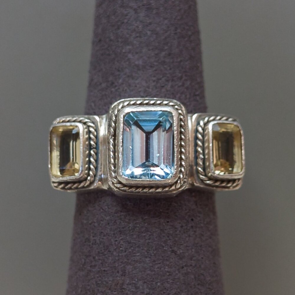 Lori Bonn Vintage Sterling Silver Gemstone Ring–Blue Topaz & Citrine, Size 57.5